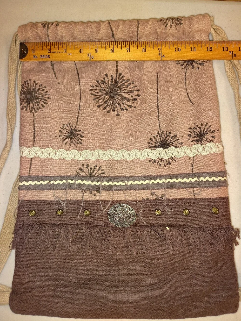 VO-HO Boho Dandelion Drawstring Backpack – Mauve & Chocolate Cotton Linen Cinch